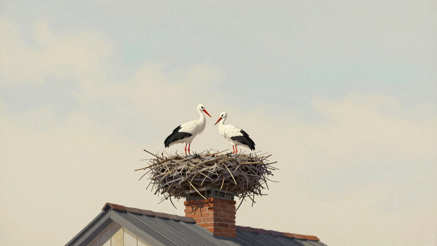 Two storks with red beaks rearranging sticks in a new nest on top of a village chimney
