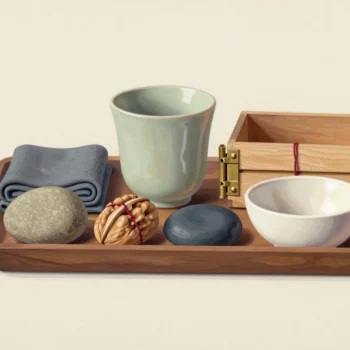 Ceramic vessels, a wooden box, folded cloth, stones and a cord-bound walnut rest on a wooden tray.