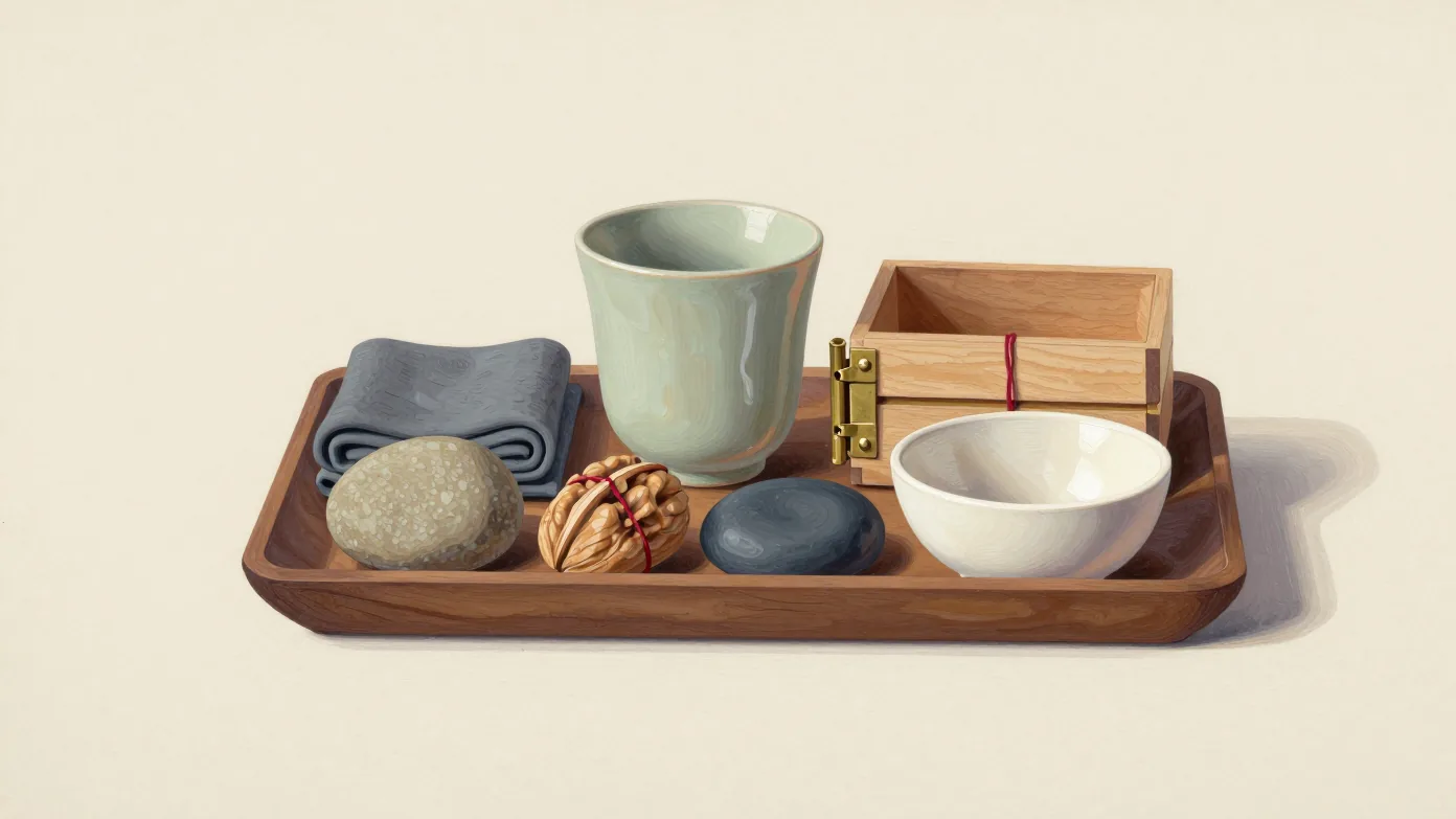 Ceramic vessels, a wooden box, folded cloth, stones and a cord-bound walnut rest on a wooden tray.