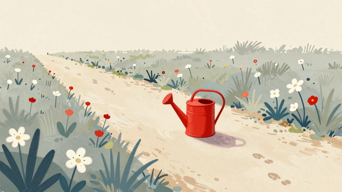 A red watering can carried across a long garden from a distant tap