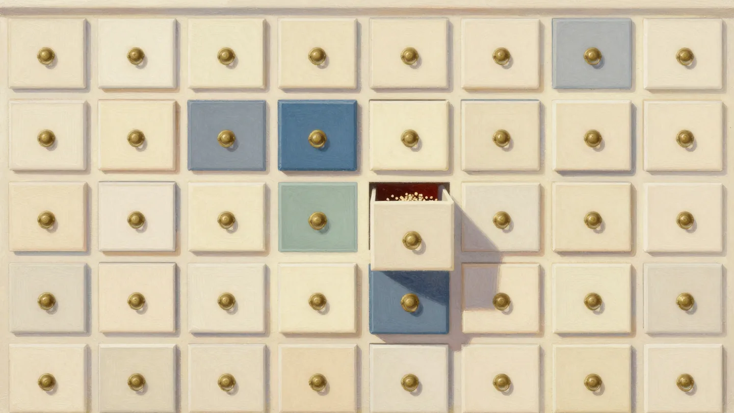 A hand opens one small wooden drawer of seeds in a wall of closed, unmarked drawers in an old shop.