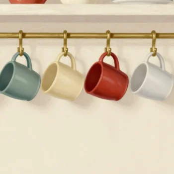 A row of mugs on kitchen hooks, one mug per hook, except one hook holding two mugs together.