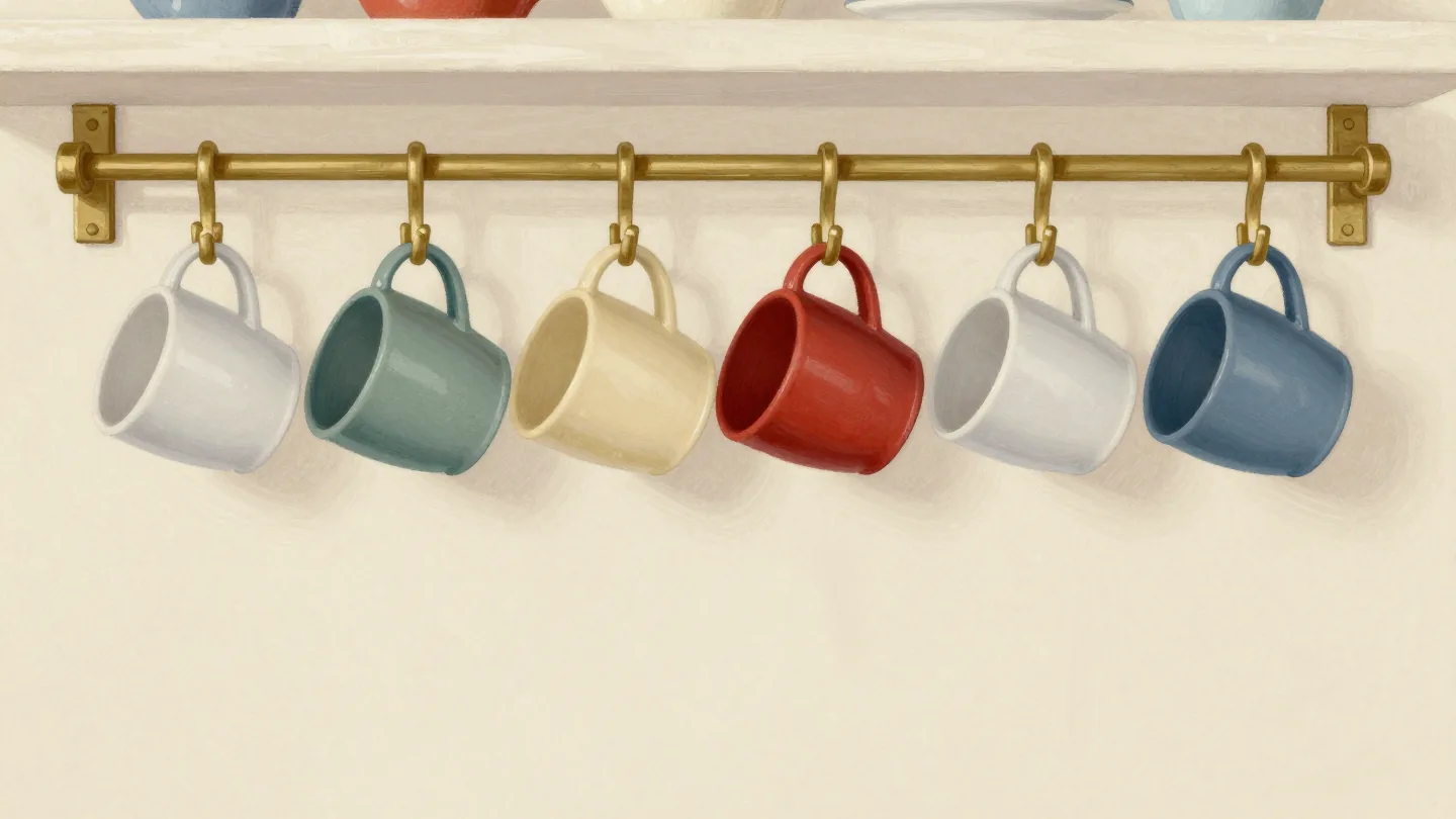 A row of mugs on kitchen hooks, one mug per hook, except one hook holding two mugs together.