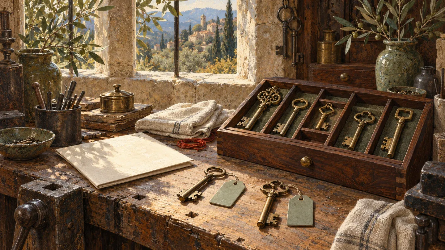 A rich locksmith bench separates distinctive brass keys from removable ceramic labels.