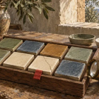 A rich ceramic inspection table compares intact glazed samples with one visibly cracked sample under a brass loupe.