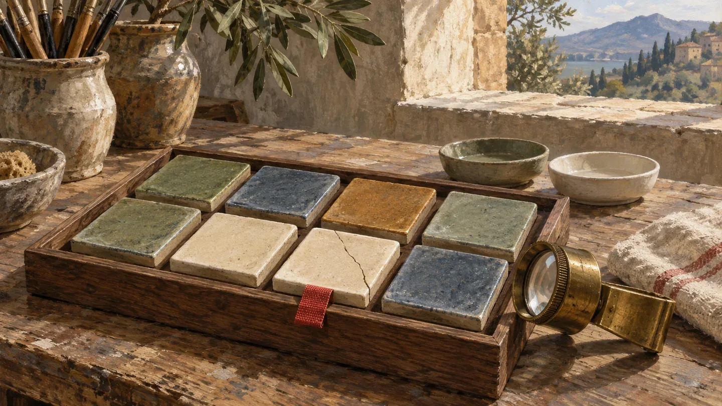 A rich ceramic inspection table compares intact glazed samples with one visibly cracked sample under a brass loupe.