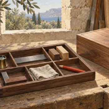 A detailed inspection bench holds a carefully organized tool tray beside a wooden assembly ready for checking.