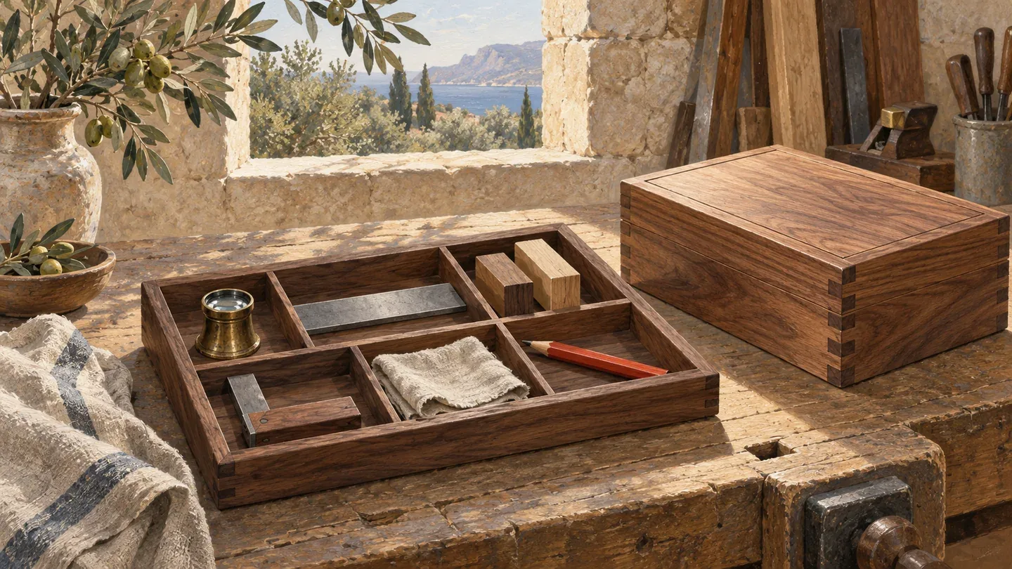A detailed inspection bench holds a carefully organized tool tray beside a wooden assembly ready for checking.