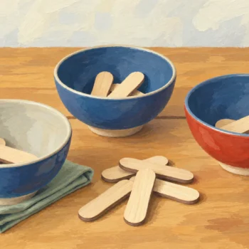Three ceramic bowls hold wooden sticks beside a loose pile on an ochre workbench.
