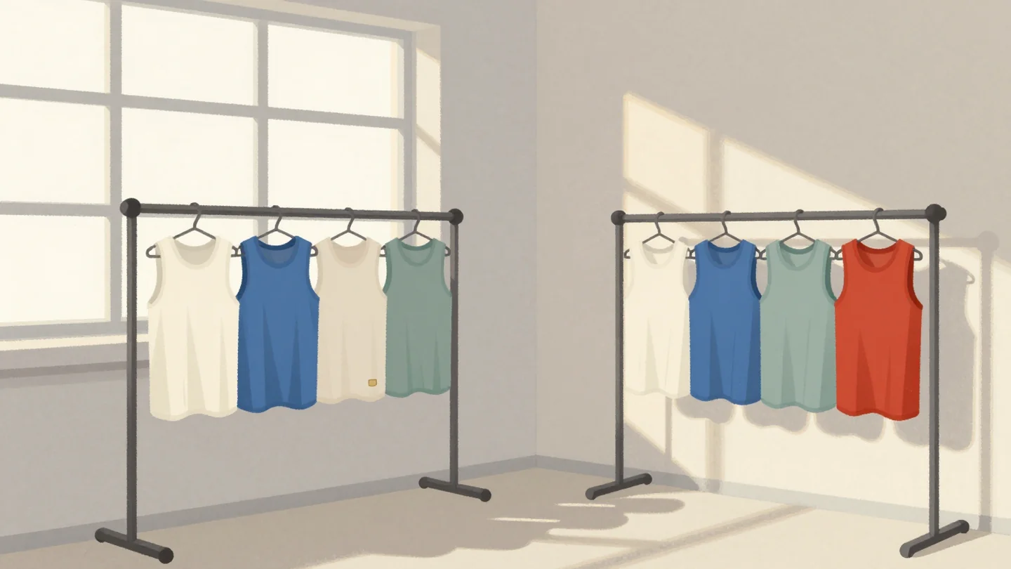 Gouache painting: in a sports room, two identical pegged racks hold the same four team bibs in cream, blue, sage and red