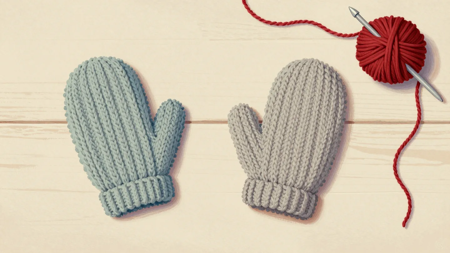 Two identical mittens knitted from the same pattern, one still on the needles