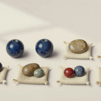 Two loose blue ceramic beads beside six woven pads holding differently colored beads and pebbles.