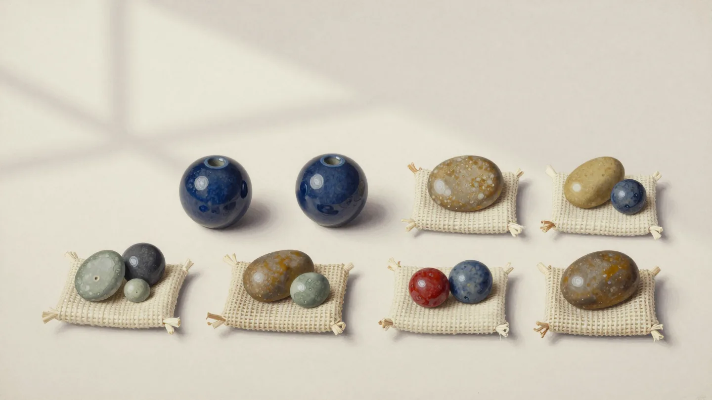Two loose blue ceramic beads beside six woven pads holding differently colored beads and pebbles.
