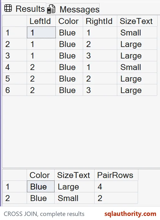 Native SSMS results show all six Cartesian rows and both grouped counts. Duplicate Large inputs produce four Blue and Large pairs.