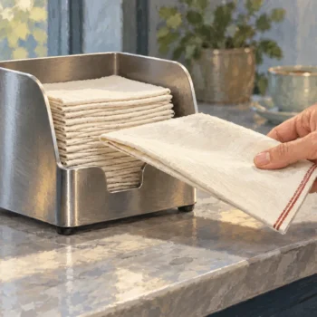 A hand holds one cloth napkin free of a metal holder while the remaining stack stays inside