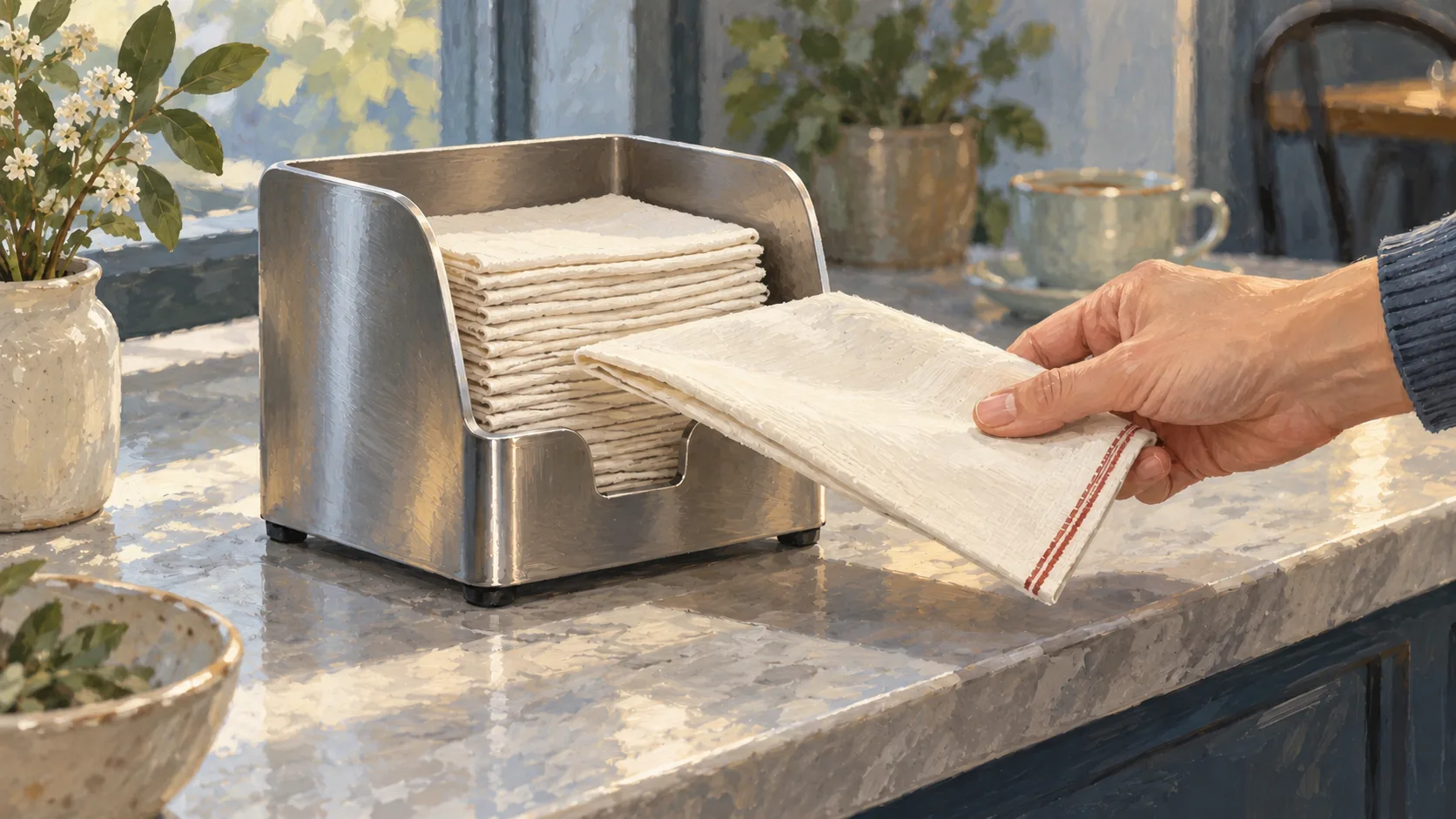 A hand holds one cloth napkin free of a metal holder while the remaining stack stays inside