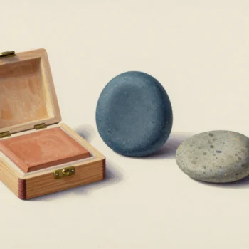 An open wooden case holding a terracotta tile beside blue and pale stones.