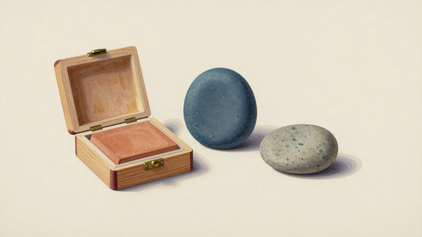 An open wooden case holding a terracotta tile beside blue and pale stones.