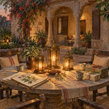 Three brass lanterns illuminate a courtyard table holding botanical picture sheets, ceramic cups and wrapped gifts.