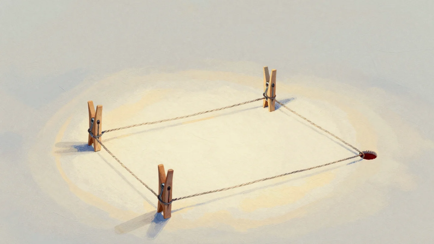 Gouache painting: a taut linen thread runs around three wooden pegs set in a board, bending at the second peg into an L-shaped path