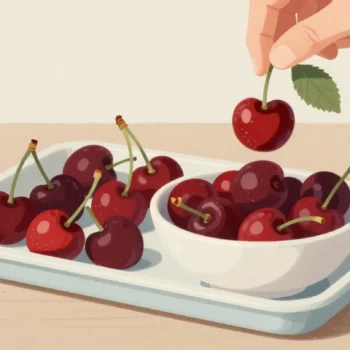 A hand picking an odd cherry out of a sorting tray