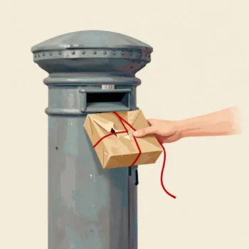 A hand crushing the corners of an oversized parcel to force it into a street postbox slot.