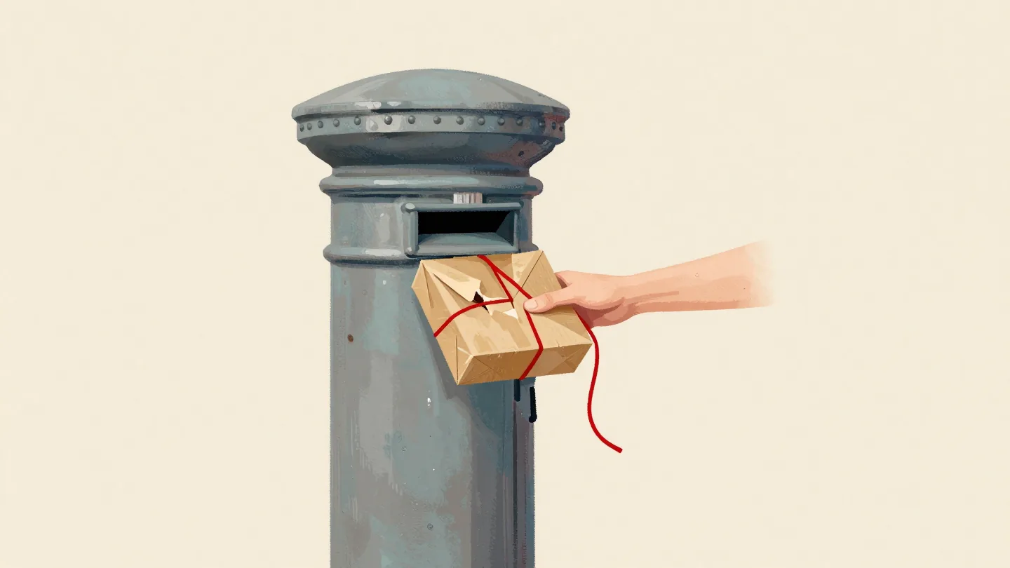 A hand crushing the corners of an oversized parcel to force it into a street postbox slot.