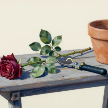 A cut rose branch with thorns, pruning shears and a clay pot on a greenhouse workbench.