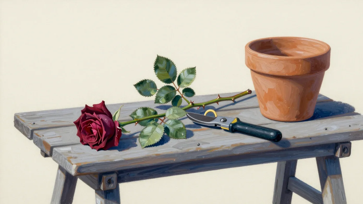 A cut rose branch with thorns, pruning shears and a clay pot on a greenhouse workbench.