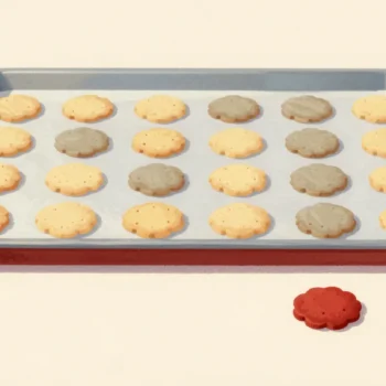 A tray of cookies in rows with a few missing, fallen to the floor