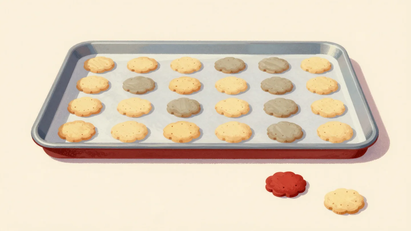 A tray of cookies in rows with a few missing, fallen to the floor