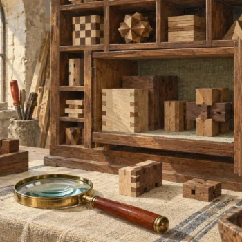 A detailed cabinet opens one fitted compartment of wooden cubes for careful inspection.