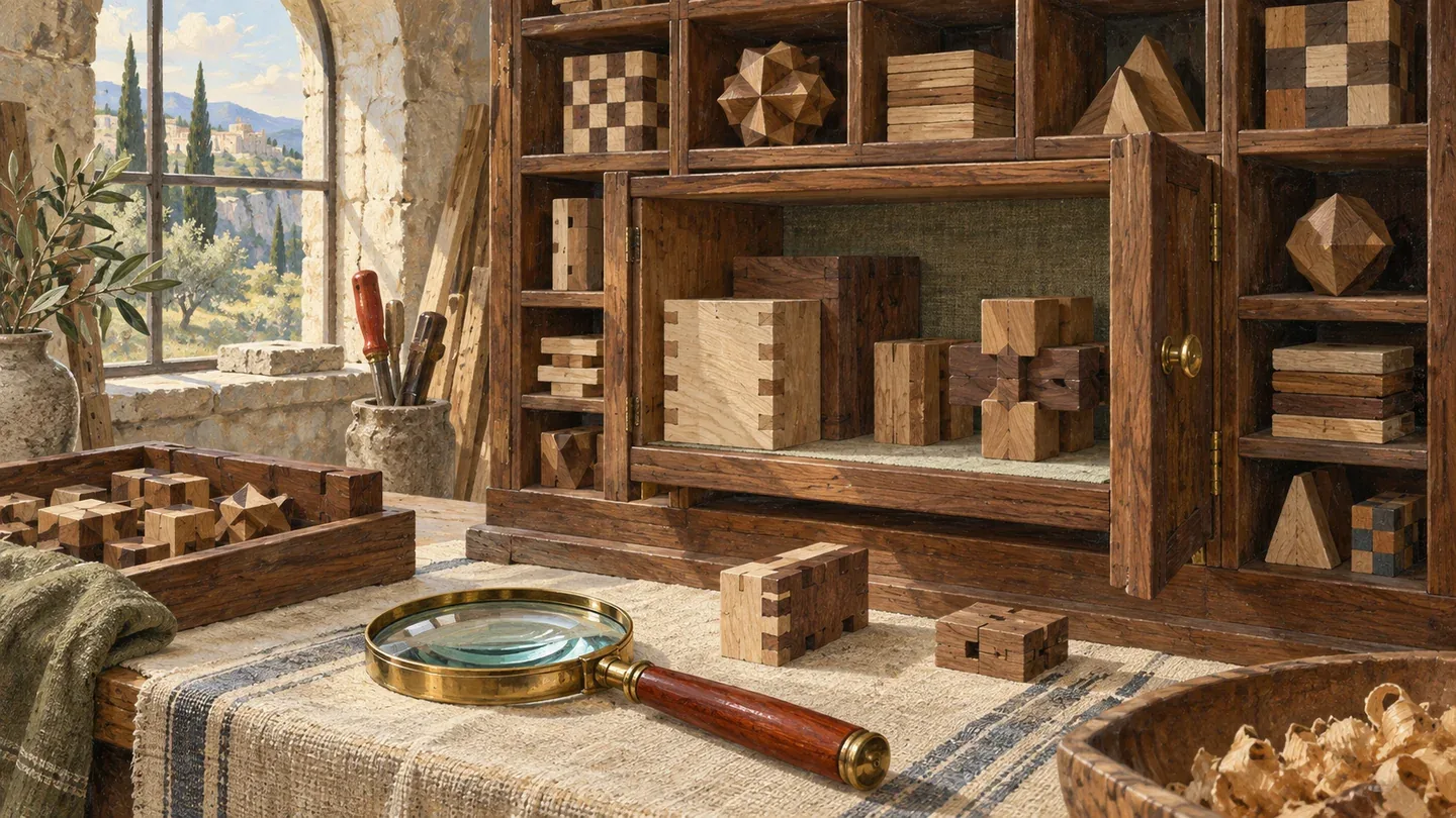 A detailed cabinet opens one fitted compartment of wooden cubes for careful inspection.