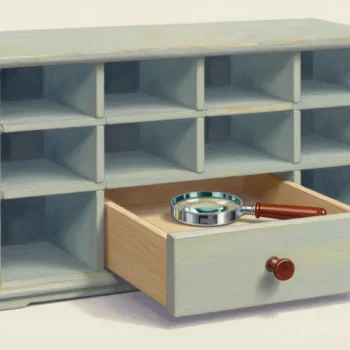 A wooden specimen cabinet has an open drawer containing a magnifying glass, representing cube performance diagnosis.