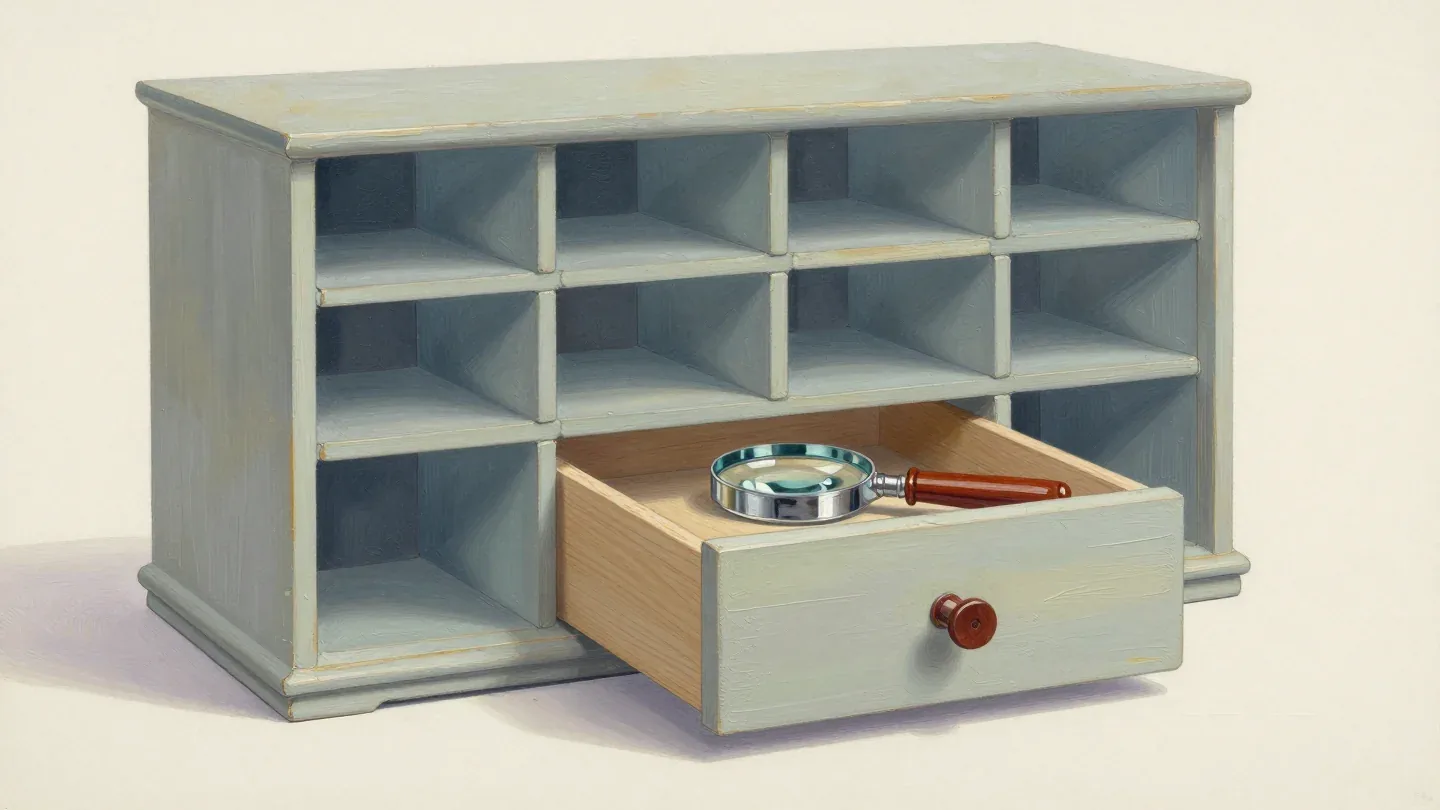 A wooden specimen cabinet has an open drawer containing a magnifying glass, representing cube performance diagnosis.
