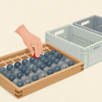 A wooden abacus on a market stall counter, a hand sliding one red bead across for the day's final sale.