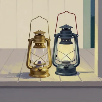 An old paraffin lamp beside a new rechargeable lantern on a porch step