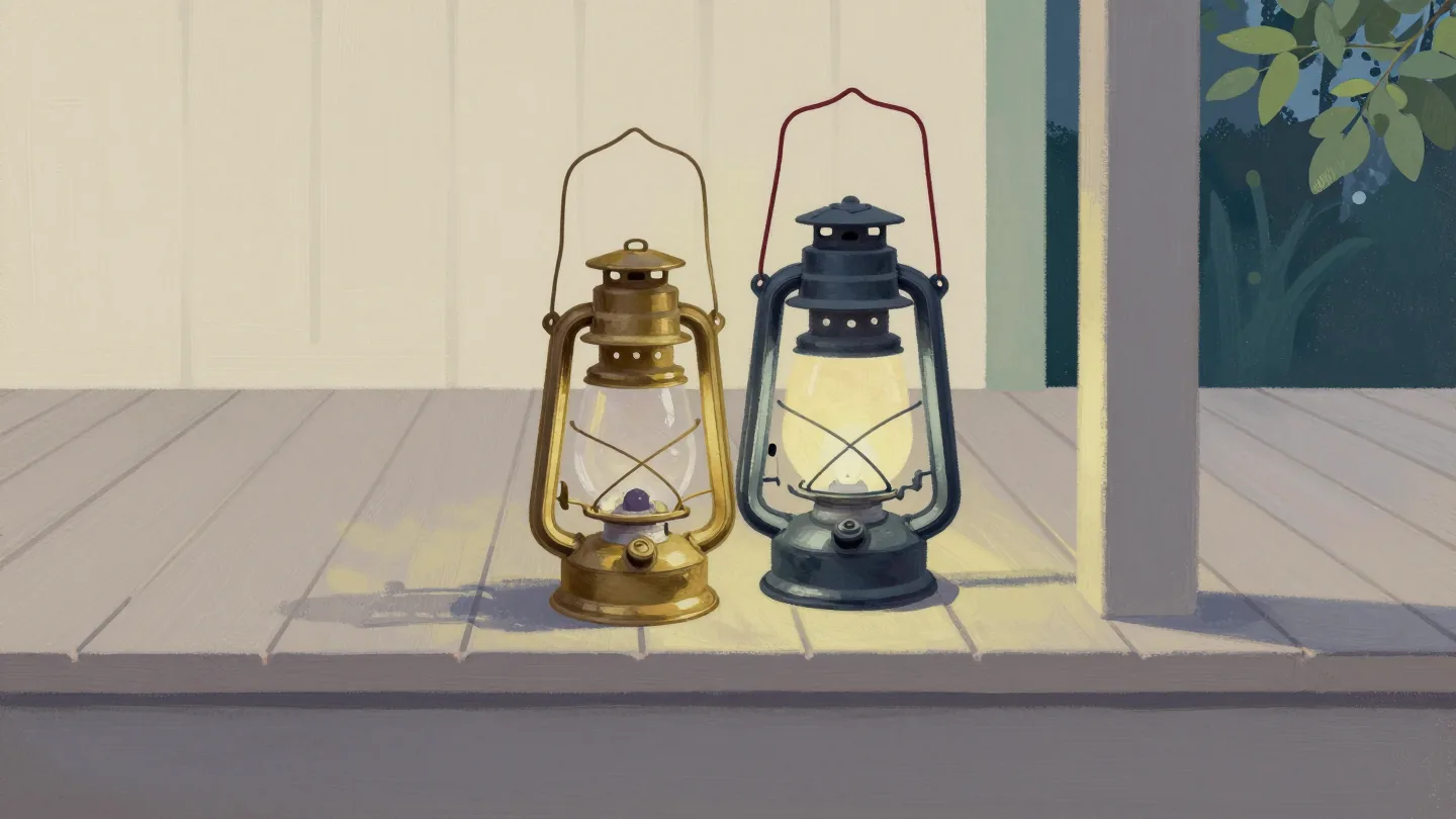 An old paraffin lamp beside a new rechargeable lantern on a porch step