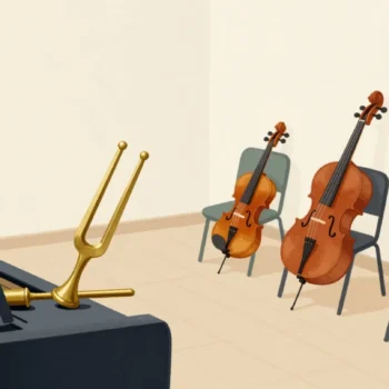 A brass tuning fork on a piano lid, with a violin, a cello and a guitar leaning on chairs nearby in a rehearsal room.