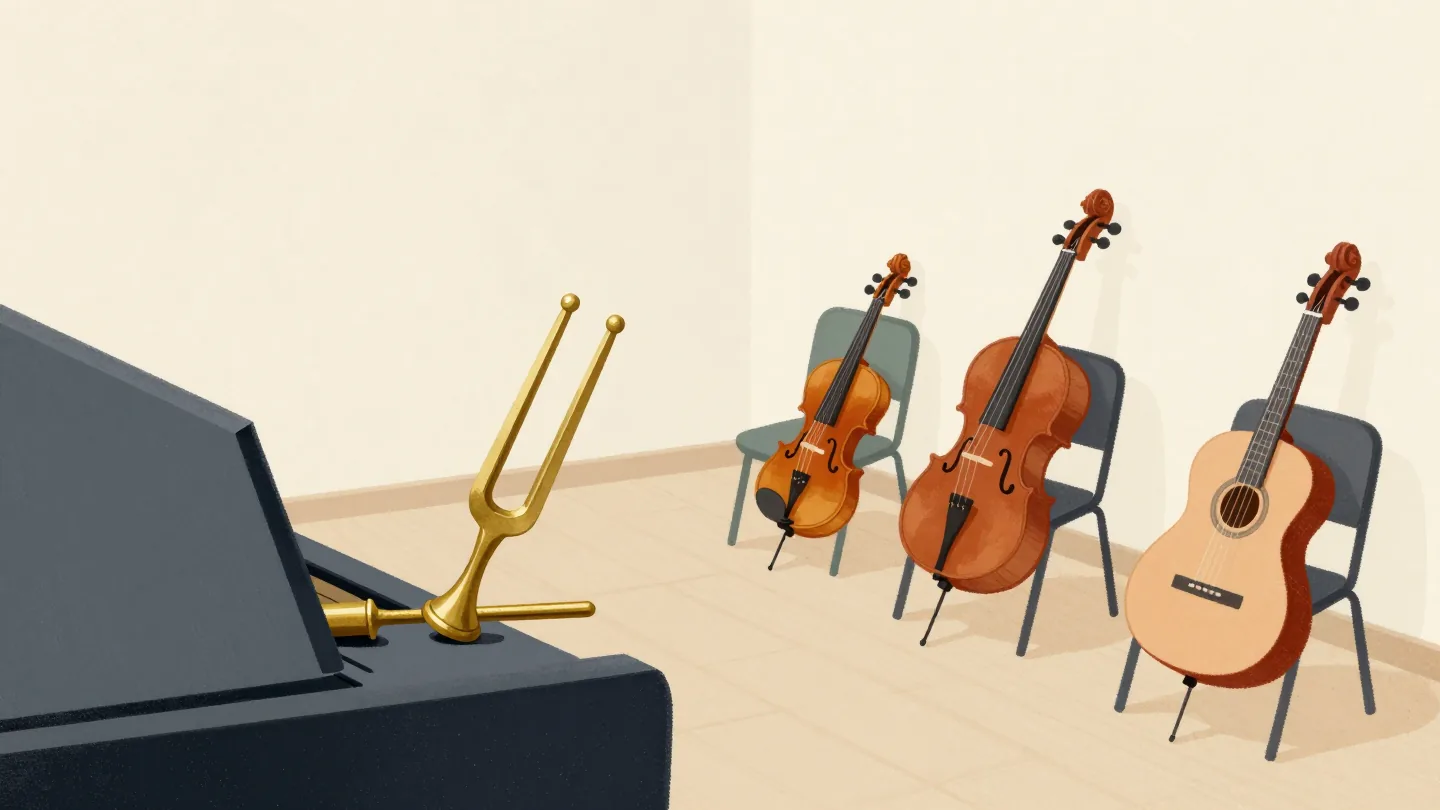 A brass tuning fork on a piano lid, with a violin, a cello and a guitar leaning on chairs nearby in a rehearsal room.