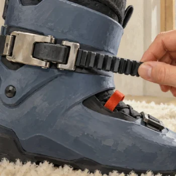 A ski boot buckle stays on the same adjustment tooth despite a small pull on its strap
