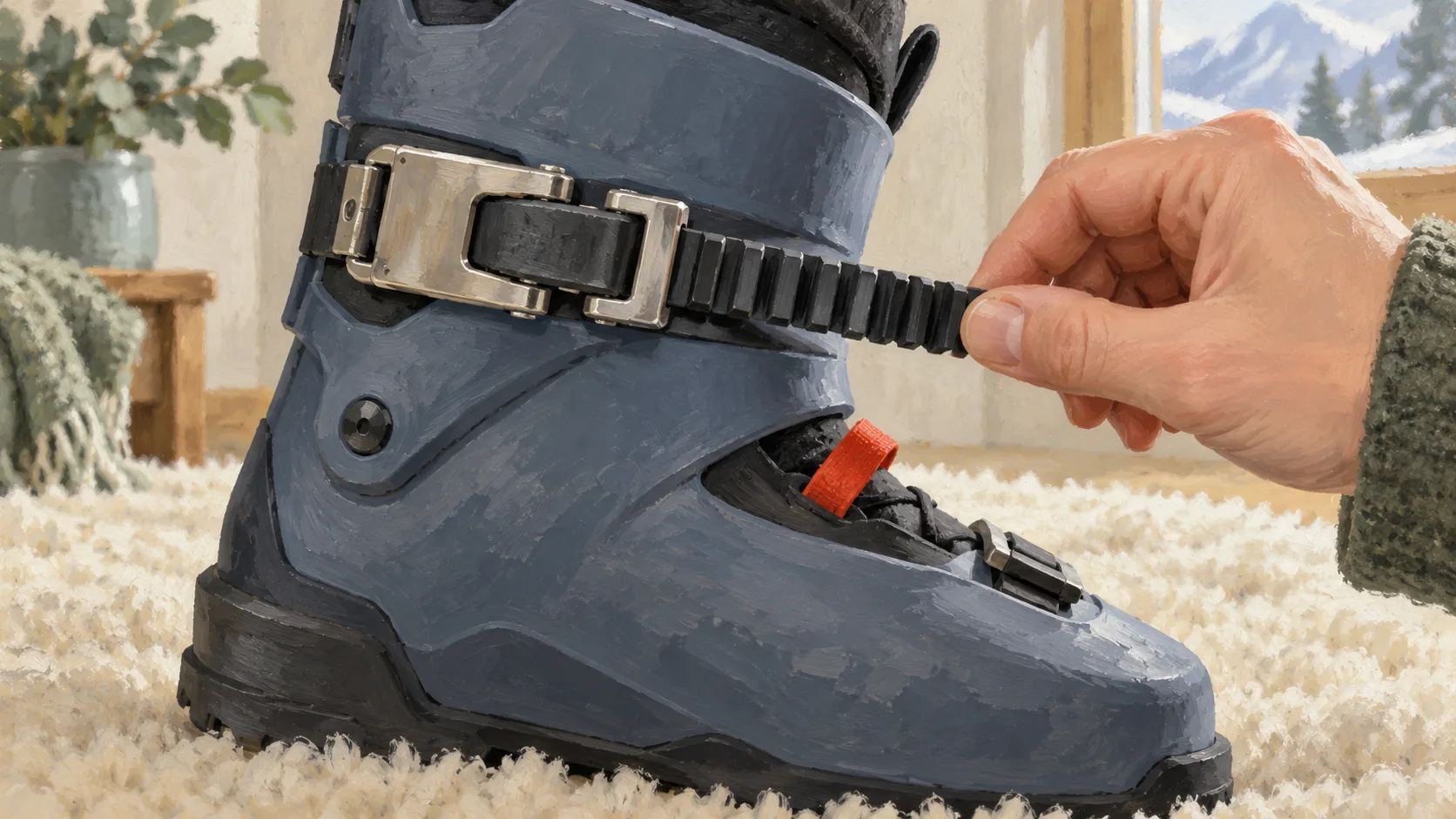 A ski boot buckle stays on the same adjustment tooth despite a small pull on its strap