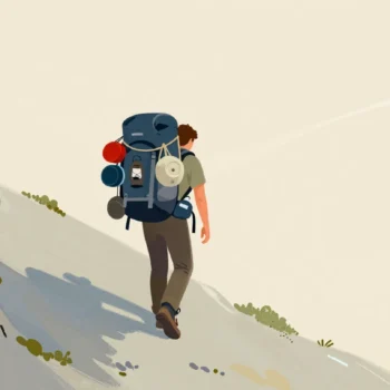A hiker seen from behind on a steep trail, the backpack hung with far too many pots, tools and lanterns.