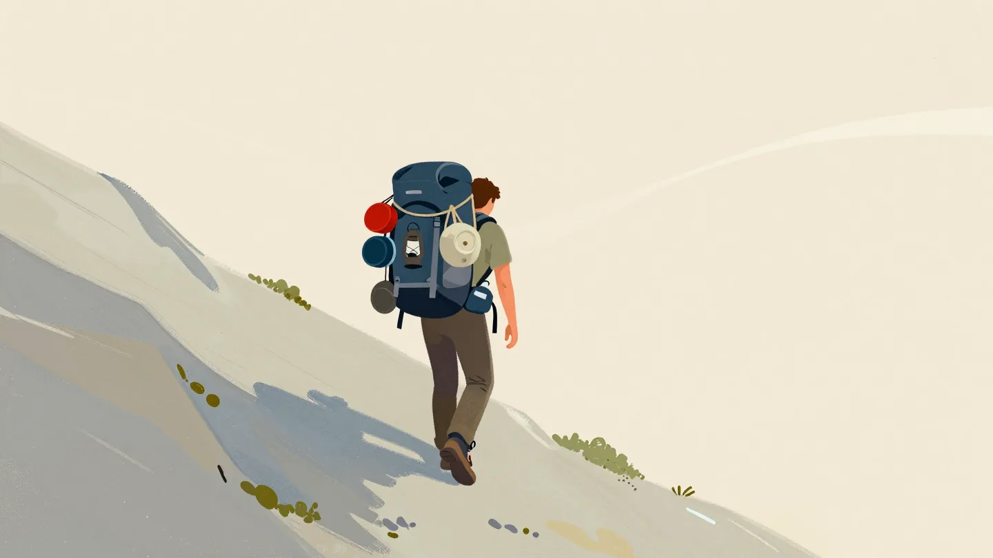 A hiker seen from behind on a steep trail, the backpack hung with far too many pots, tools and lanterns.