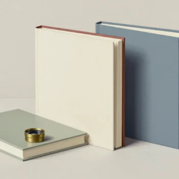 Two blank upright books stand behind a flat sage-green book topped by a small brass ring.