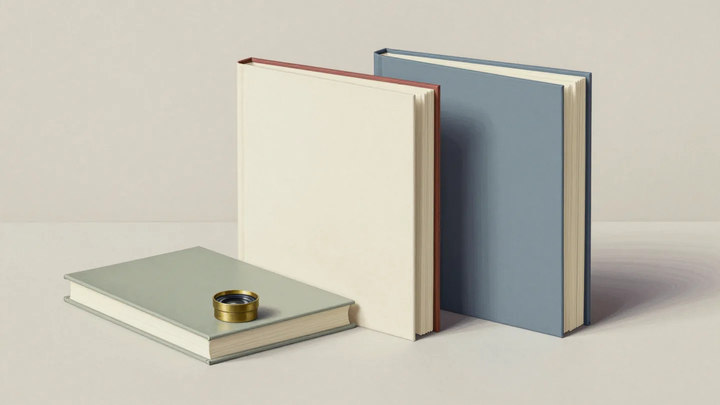 Two blank upright books stand behind a flat sage-green book topped by a small brass ring.