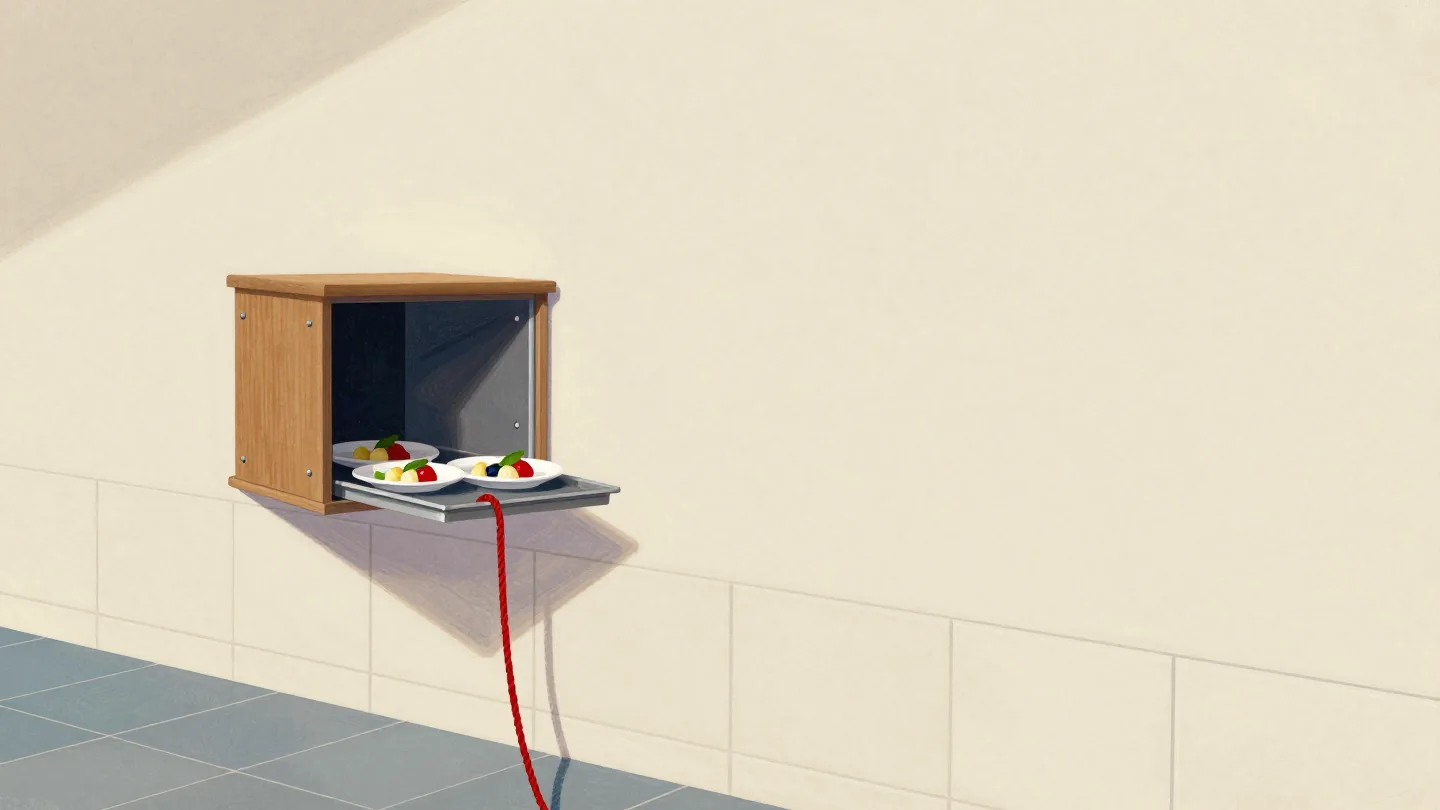 A hand pulling the rope of a dumbwaiter hatch as a tray of dishes arrives