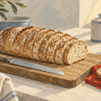Gouache painting of a long loaf sliced into even pieces on a cutting board, one slice set apart on a vermilion napkin.