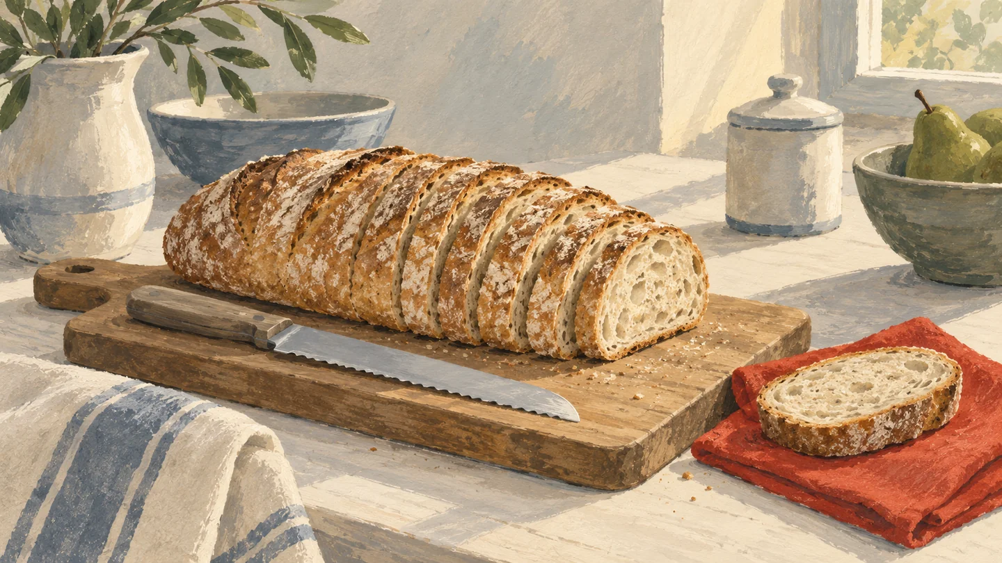 Gouache painting of a long loaf sliced into even pieces on a cutting board, one slice set apart on a vermilion napkin.