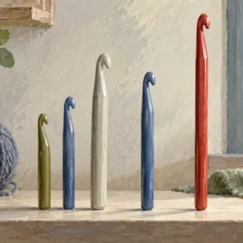 Five crochet hooks in olive, blue, cream, blue and red stand in a row, with the red hook tallest